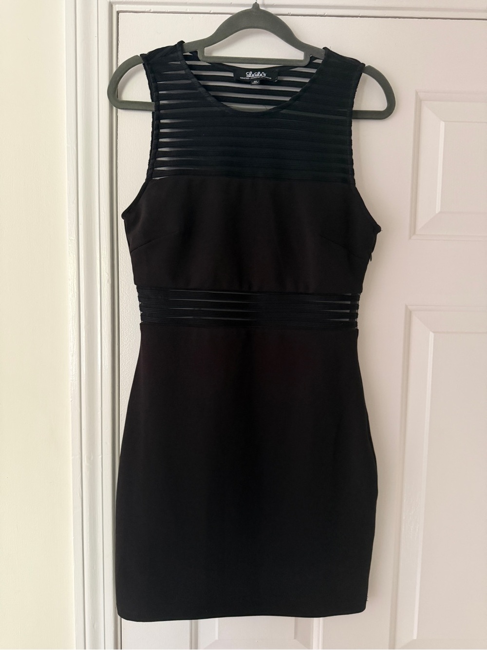 Lulu's Black Sleeveless Mini Dress with Sheer Stripe Panels